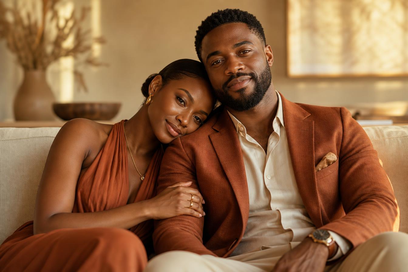 A warm portrait of a Black couple sitting close together on a cream sofa in soft golden light