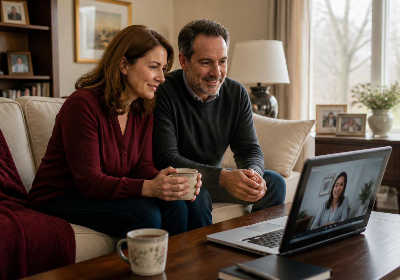 Couple on their sofa at home meeting their marriage counselors by video on a laptop